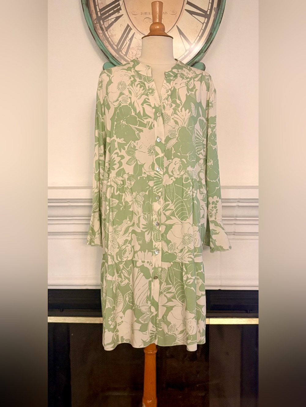 M. Made in Italy Lime Green & Cream Floral Midi Shirt Dress